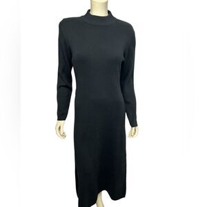 Vintage Wool Blend Long Sleeve Black Midi Dress Winter Ankle Length Funeral